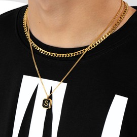JSJOY Layered Initial Necklaces for Men Rope Chain Letter Initial A-Z Pendant Necklaces Chunky Cuban Chain Choker Graduation Gifts, Stainless Steel, No Gemstone