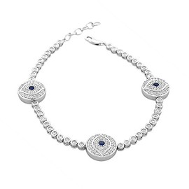 My Daily Styles 925 Sterling Silver White Blue Bezel-Set CZ Hamsa Evil Eye Womens Link Chain Bracelet