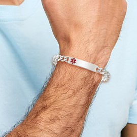 925 Sterling Silver Medical Alert Curb Link Name Bar Identification ID Bracelet 7.5 inch