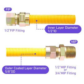 Roastove 72" Flexible Yellow Coated Gas Line Connector Kit for Stove, Dryer, Gas Water Heater, Furnace,5/8 in.OD(1/2 in. ID）Flexible Gas Line with Connector 1/2" FIP &1/2"MIP & 3/4"MIP Fitting