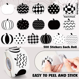BkeeCten Autumn Pumpkin Sticker Roll - 1000pcs Fall Black White Pumpkin Waterproof Vinyl Reusable Laptop Sticker Coloring Book Scrapbook Water Bottle Page Activity Pad Birthday Party Favors Skateboard