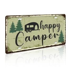 Retro Vintage License Plate Wall Decor - Happy Camper Metal Tin Sign - Fun Wall Art for RV, Camper or Garage, 12x6 Inch