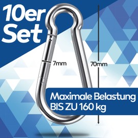 GARSIDURO® Stainless Steel Carabiner Set of 10, 7 x 70 mm, DIN 5299, Rustproof, Fire Brigade Carabiner with Snap Closure, Suitable as Key Ring or Heavy Duty