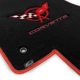 Lloyd Mats Heavy Duty Premium Red and Black Vinyl Binding Carpeted Floor Mats for C5 Corvette 1997-2004 Silver Flag 2Pc Set Black (Black, 2PC - Red Flags + Corvette)