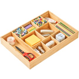 Umilife Extra Large Bamboo Desk Drawer Organizer, Wood Junk Organizer Tray with Adjustable Dividers, Anti-Skip Storage Organization in Office Bathroom Drawer for Vanity, Makeup, 17" x 12"