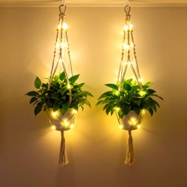 Loscarol 2 Pack Macrame Plant Hanger with Lights and 2Pcs Hooks, Indoor Boho Plant Hanger with Remote, Hanging Plant Holder Handwoven Cotton Rope Tassels for Boho Home Window Decor (Pots Not Included)