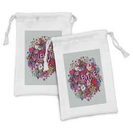 Lunarable Valentines Day Fabric Pouch Set of 2, Cartoon Like Surprise Boxes Hearts Rings Birds and Notes Key Flowers Print, Small Drawstring Bag for Toiletries Masks and Favors, 9" x 6", Multicolor