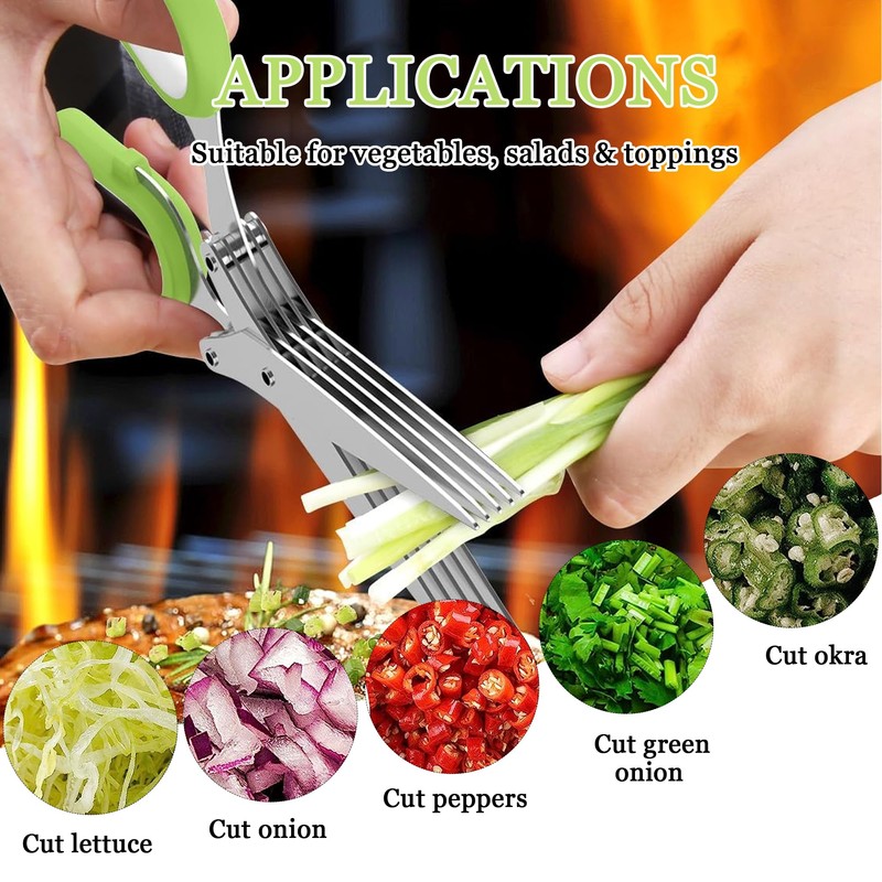 Herb Scissors,5-Blade Stainless Steel Kitchen with Safety Cover and Cleaning