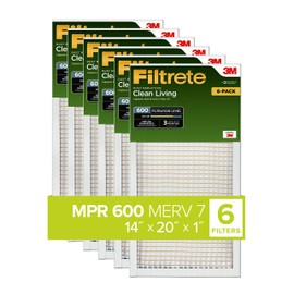 Filtrete 14x20x1 Air Filter, MPR 600, MERV 7, Clean Living Dust Reduction 3-Month Pleated 1-Inch Air Filters, 6 Filters