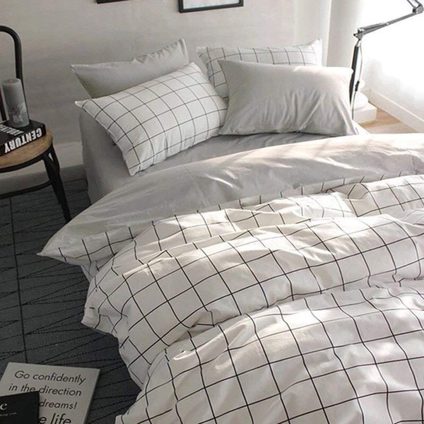 VClife Queen Plaid Grid Pattern Duvet Cover Set Soft Lightweight Cotton White Gray Black Checkered Bedroom Bedding Set for Woman Man, Modern Simple Style Plaid Comforter Sets
