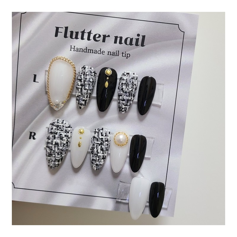 Black tweed chain handmade nail tip - Mediaval / 블랙