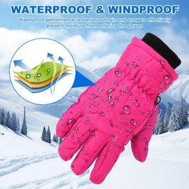 Mayoii Winter Waterproof Kids Ski Gloves, Fleece Lined Thermal Snow Mittens Cold Weather Warm Windproof Glove for 4-14 Years Old Boys Girls Children Snowboard Skating Outdoor Activities (Rose Red-M)