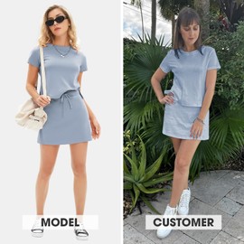 EXLURA Womens Casual Summer 2 Piece Short Skirt Sets Short Sleeve Tshirt And Tennis Skort Dressy Cotton Matching Sweatsuits, Blue, Large