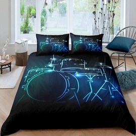 Loussiesd Rock Instrument Bedding Set, Drum Kit Duvet Cover for Boys, Teens, Men, Music Theme Bedding Set, Creative Fluorescent Duvet Cover, Fashion Bedroom Decor Bed Linen, 135 x 200 cm, Blue