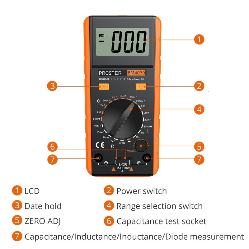 Proster LCR Meter, Capacitive Tester, Inductance, Resistance Measurement, Large LCD