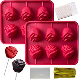 LLchunyun Rose Flower Lollipop Molds, 2 Pack Rose Silicone Chocolate Candy Molds with 100 Sticks Valentines Day 3D Rose Flowers Cake Pops Mold Sucker Mold for Jelly Soap Hard Candy Making
