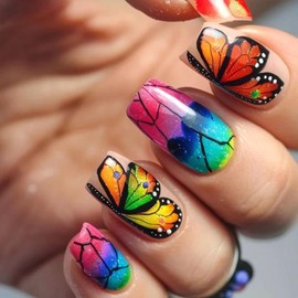 Square Press on Nails Medium Fake Nails with Designs Butterfly Stick on Nail Colorful Acrylic False Nail Glossy Artificial Nail Full Cover Glue on Nails for Women