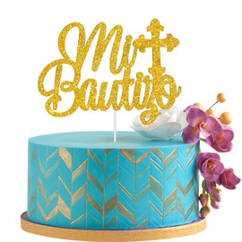 Decoración para tartas de Mi Bautizo con purpurina dorada – Decoración para tartas de Primera Comunión – God Bless Me Cross – Baby Shower, decoración de fiesta de revelación de género
