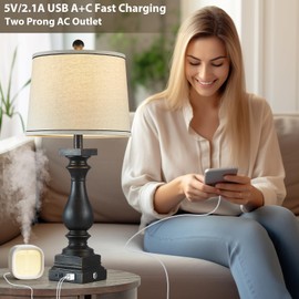 MOUVOVO 28" Tall Farmhouse Table Lamps Set of 2 with USB C+A Ports and AC Outlet, 3 Way Touch Control Rustic Bedside Lamp for Bedroom, Black Vintage Nightstand Lamp for Living Room Office