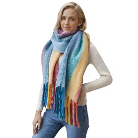 Women's Scarf Warm Blanket Scarves Winter Soft Plaid Wrap MissShorthair Fashion Thick Wool Check Ladies Spinning Tassel Shawl,Rainbow Stripe