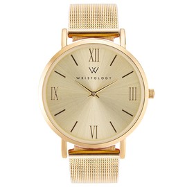 Wristology 29 Options - Maxi Leather Band Roman Numerals Boyfriend Watch - Interchangeable Genuine Leather Strap - Large Easy to Read Analog Face for Women or Men (Gold Face Mesh)