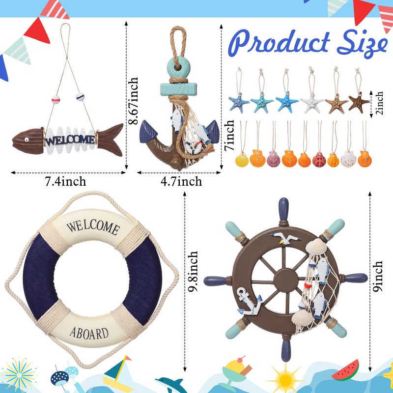 Marsui 11 Pcs Wooden Nautical Wall Decor Fishing Net Decoration,