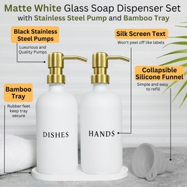 Glass Hand and Dish Soap Dispenser Set with Bamboo Tray – 16 oz Kitchen Soap Dispenser Set, Gold Pumps, Silicone Funnel – Modern Farmhouse Kitchen Sink Decor and Accessories