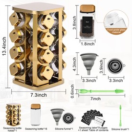 THYEUISM Kitchen stainless steel spice rack with 16 food grade glass cans-275 spice label-rotating vertical bracket and countertop seasoning rack cabinet tower storage rack (golden, 16)