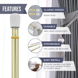 Amazing Drapery Hardware 7/16 Inch Brass Spring Tension Rods, Set of 2 - Adjustable Length 28-48 Inches - Twist to Fit Curtain Rods for Lightweight Sheer Panels, Sidelight Windows, and Small Spaces