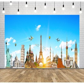 CORFOTO Travel Around The World Backdrop Fabric 5x4ft Global Famous Monuments World Landmarks Background US Statue of Liberty Paris Eiffel Tower Backdrops for Travel Party Decor Adult Portrait Prop