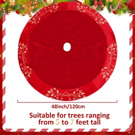 QOUBAI 48inch Christmas Tree Skirt Red Luxury Velvet Plush Fur Tree Skirts Xmas Velvet Tree Skirt with Embroidered Holly Leaves Gold Hot Stamping Tree Xmas Skirt for Christmas Holiday Party Decor