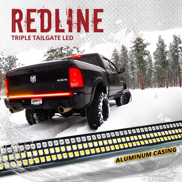 OPT7 60" Redline Triple LED Tailgate Light Bar w/Sequential Amber Turn Signal - 1,200 LED Solid Beam - Weatherproof No Drill Install - Full Function Reverse Brake Running 2yr Warranty