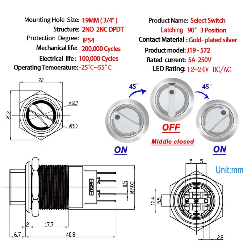 ZJWZJH 3 Position Rotary Switch 19mm 3/4" Blue LED Light