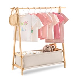 Sino Salected Kids Clothing Rack with Storage Box, Kids Dress Up Rack, Dance Costume Garment Rack for Hanging Clothes,Garment Rack for Hanging Clothes Organizer, Bamboo (Natural)