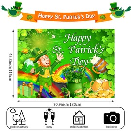Large Happy St Patrick's Day Backdrop, 72x44 Inch Saint Patricks Day Decorations Banner for Indoor Outdooor, Shamrock Background Accessories for Party Supplies