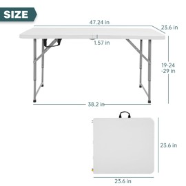 FDW FDW 4 Foot Outdoor Dining Table, Foldable Portable Rectangular Plastic Folding Table with Built in Carrying Handle and Height Adjustable for Party and Wedding Use, White