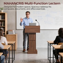 MAHANCRIS Podium Stand, Lectern with 4-Tier Storage, Pulpit with Reinforced Base for Church, Laptop Desk for Classroom, Office, Meeting Room, Easy Assembly, Walnut LPWA5801