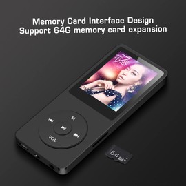 MP3 Player, 30 Hours Playback MP3 MP4 Player 8GB Memory 64GB Expandable, Lossless Sound Quality Portable Music Player, for Sports Music Player (Black)