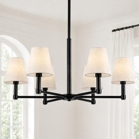 6-Light Black Chandelier for Dining Room Light Fixture 29.9" Modern Farmhouse Chandeliers with Linen Shade Industrial Hanging Pendant Light for Kitchen Island Foyer Entryway Living Room Bedroom, E12