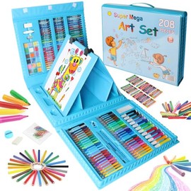 Set de arte para niñas y niños, 208 piezas. Incluye kit de dibujo con caballete, plumones, pinturas, acuarelas, crayolas y lápices. Regalo para Niñas Niños 6 7 8 9 10 Años （azul）
