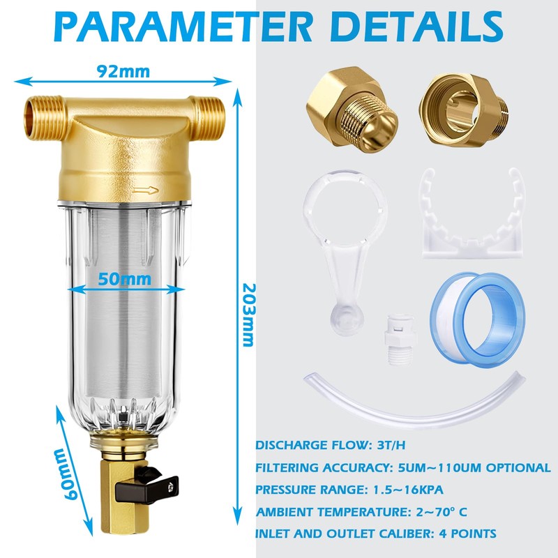Water Filter, Reusable, 1 Inch Backwash Filter, Flushable Fine Filter