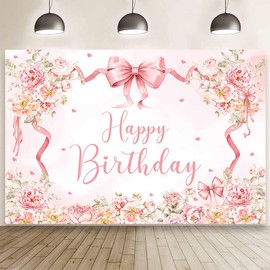 MEHOFOND 7x5ft Coquette Happy Birthday Backdrop Pink Floral Birthday Photography Background for Girl Bow Happy Birthday Banner Pink Heart Silk Ribbon Cute Birthday Party Decoration
