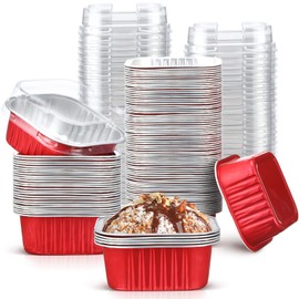 Mimorou 100 Pcs Valentine's Day Red Aluminum Foil Baking Cups with Lids 5oz Baking Liner Cups Disposable Ramekin Muffin Cups Desserts Cupcake Container for Party Holiday Celebration