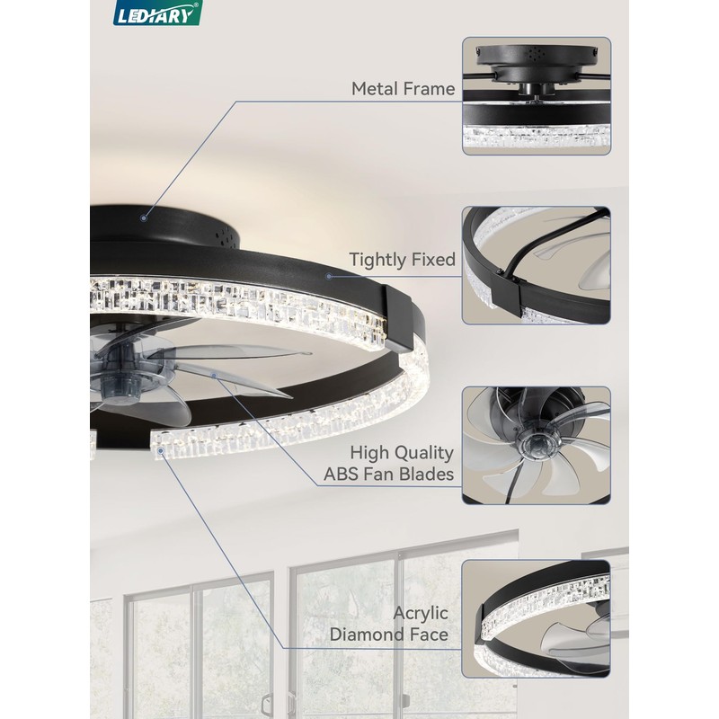 LEDIARY Flush Mount Ceiling Fans with Lights and Remote, 19.7''