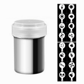 Jindizi Stainless Steel Powder Shaker, Coffee Cocoa Dredges with Fine-Mesh Lid, Power Can for Baking Cooking Home Restaurant with 16 Pcs Printing Molds Stencils