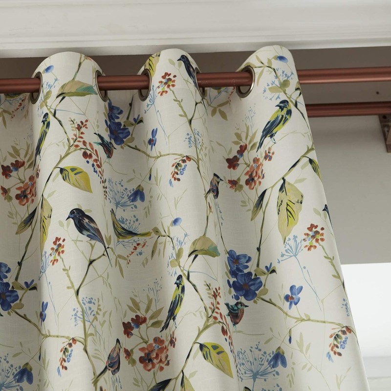 VOGOL Birds and Floral Curtains, Blue Printed Pattern Design, Light