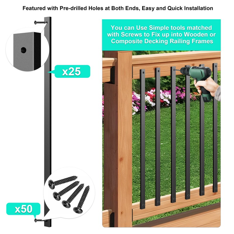 Deck Balusters, 26 Inch, Straight Flat Baluster, Black, Metal Deck