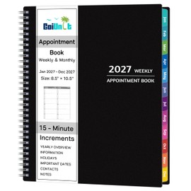 2027 Appointment Book - January - December 2027, Appointment Planner with Weekly ＆ Monthly Spread, 8.5'' x 10.5'', Large, 15 Minute Increments, 2027 Daily Planner with Pockets, Tabs, Flexible Cover, Black