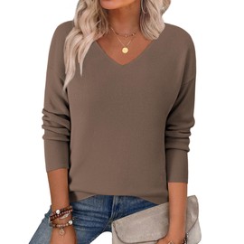 Zeagoo Sweater for Women Trendy Fall Casual Loose V-Neck Knit Solid Pullover Sweater Jumper Tops Brown