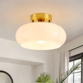 SHBEILOU Semi Flush Mount Ceiling Light, 11 Inch Gold Mid Century Modern Ceiling Light Fixture with Hand-Blown Milk White Glass Shade, E26 Close to Ceiling Light for Hallway Entryway Kitchen Bedroom